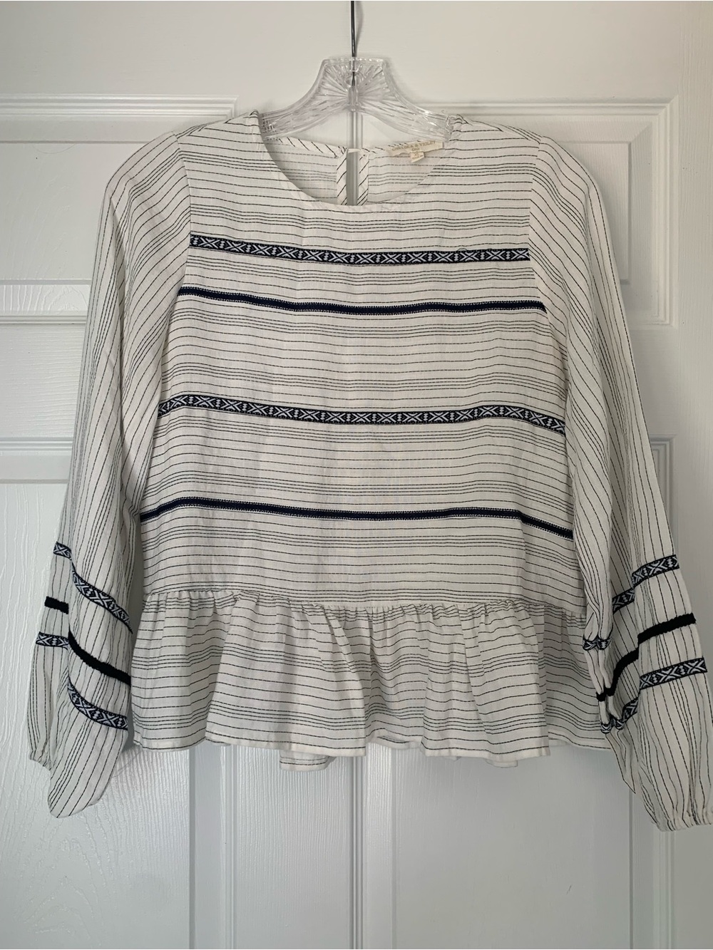 Chelsea & Violet White Blouse with Navy Embroidered Stripes XL Linen Cotton
